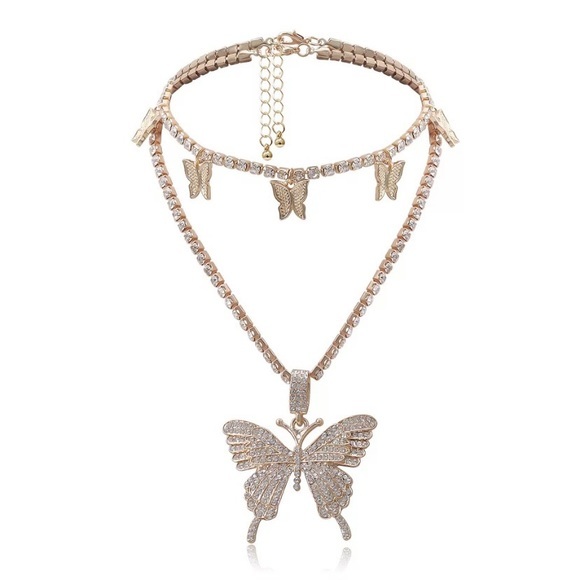 HP🦋STUNNING RHINESTONE BUTTERFLY GOLD CHOKER 2 PIECE SET - Picture 11 of 13